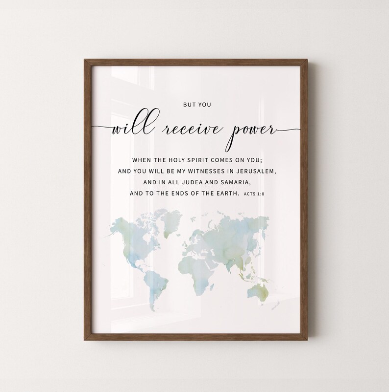 Bible verse wall art for Gospel featuring watercolor worldmap with Acts 1:5, perfect for a christian gift oragreat wall decoration.