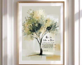 Psalm 1:3 Bible Verse Wall Art Printable, He Is Like a Tree, Abstract Tree Oil Painting, Christian Scripture Art, Neutral Modern Home Decor