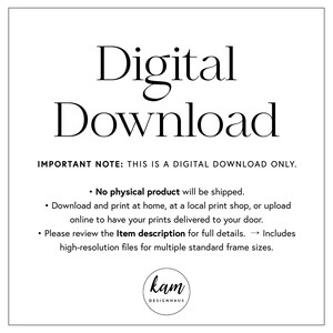 Puede incluir: Aviso de descarga digital con el texto "IMPORTANT NOTE: THIS IS A DIGITAL DOWNLOAD ONLY." y una lista de instrucciones para descargar e imprimir el archivo digital. El texto tambi&eacute;n incluye la frase "No se enviar&aacute; ning&uacute;n producto f&iacute;sico."
