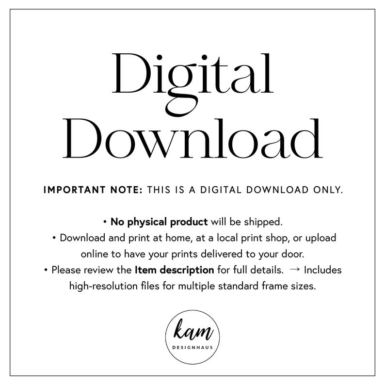 Puede incluir: Aviso de descarga digital con el texto "IMPORTANT NOTE: THIS IS A DIGITAL DOWNLOAD ONLY." y una lista de instrucciones para descargar e imprimir el archivo digital. El texto tambi&eacute;n incluye la frase "No se enviar&aacute; ning&uacute;n producto f&iacute;sico."