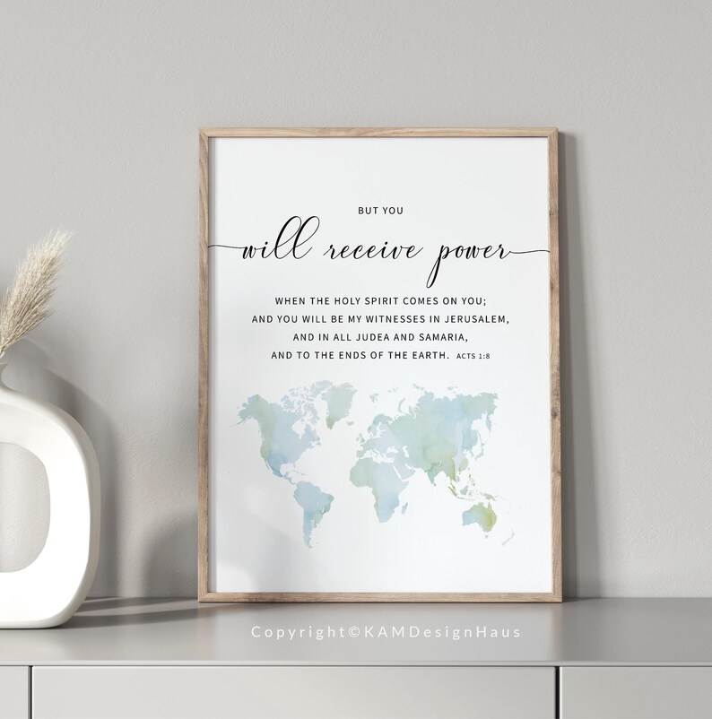 Bible verse wall art for Gospel featuring watercolor worldmap with Acts 1:5, perfect for a christian gift oragreat wall decoration.