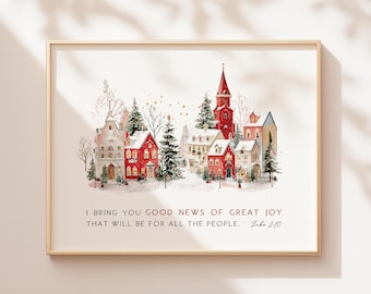 Great Joy Print, Luke 2:10 Christmas Postcard Art, Christian Christmas Print, Scripture Printable, Village Art Download, 4x6, 5x7, 8x10