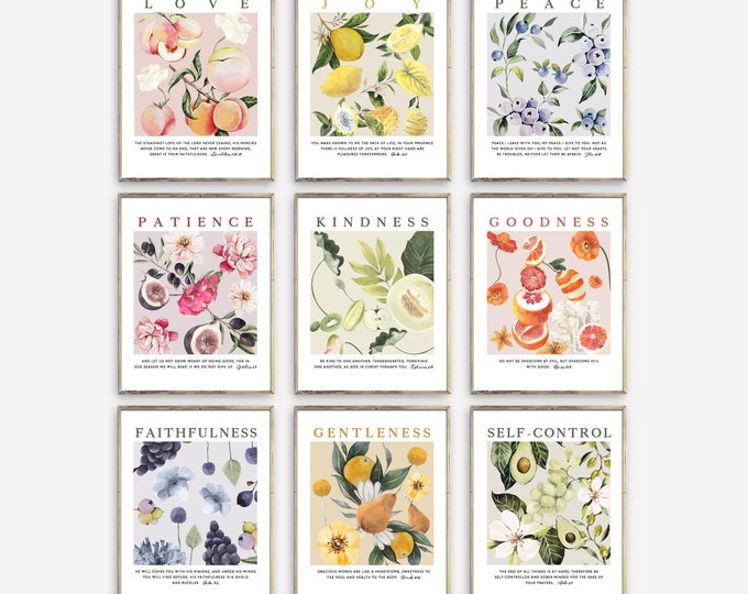 Set of 9 Fruit of the Spirit Bible Verse Wall Art, Galatians 5:22-23 ...