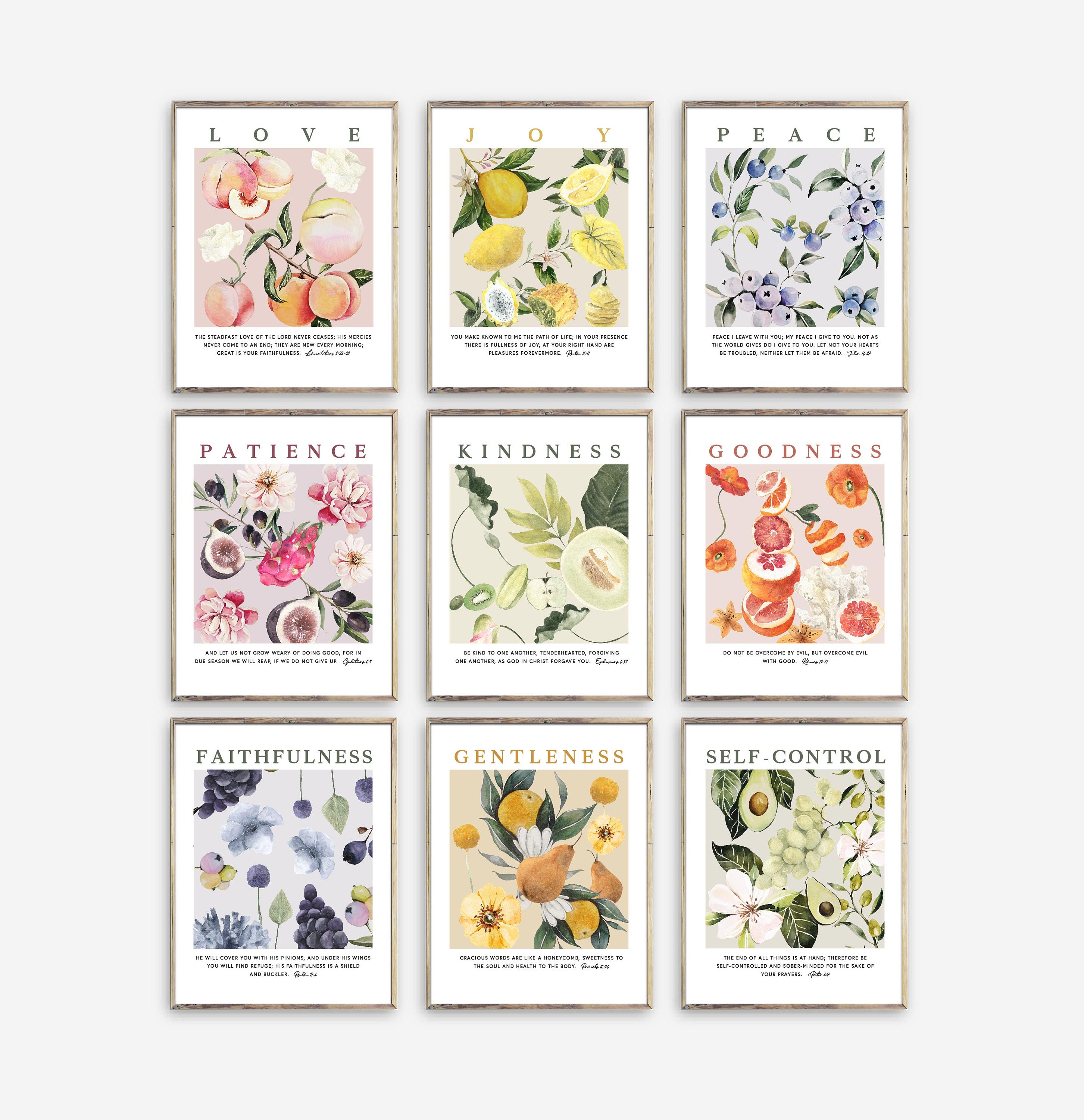 Set of 9 Fruit of the Spirit Bible Verse Wall Art, Galatians 5:22-23 ...