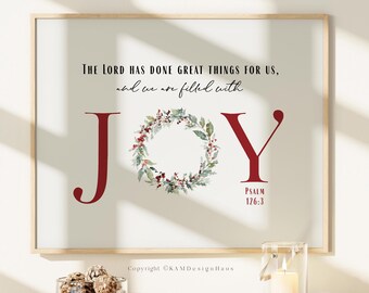 Joy Christmas Wall Art, Psalm 126:3, Christmas Scripture, Christmas Wreath Art, Printable Wall Art, Christmas Wall Decor, Horizontal Print
