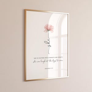 Christian gift for women or mother. It features a pink flower with the bible verse Proverbs 31:25