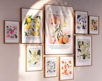 Conjunto de láminas decorativas para pared "Fruto del Espíritu", decoración cristiana imprimible para pared, conjunto de 9 láminas con versículos bíblicos sobre el amor, galería de arte floral con escrituras, arte floral.