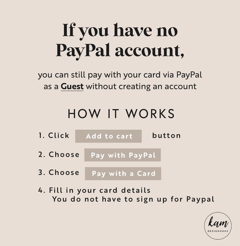 以下が含まれることがあります： PayPalアカウントを作成せずに、クレジットカードでPayPalを使って支払う方法を説明する図解。手順は以下のとおりです。1. 「カートに追加」ボタンをクリックします。2. 「PayPalで支払う」を選択します。3. 「カードで支払う」を選択します。4. カードの詳細を入力します。PayPalに登録する必要はありません。