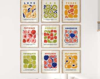 Modern Fruit of the Spirit Wall Art Set, Colorful Bible Verse Prints, Printables, Contemporary Christian Home Decor, Gallery Wall Prints