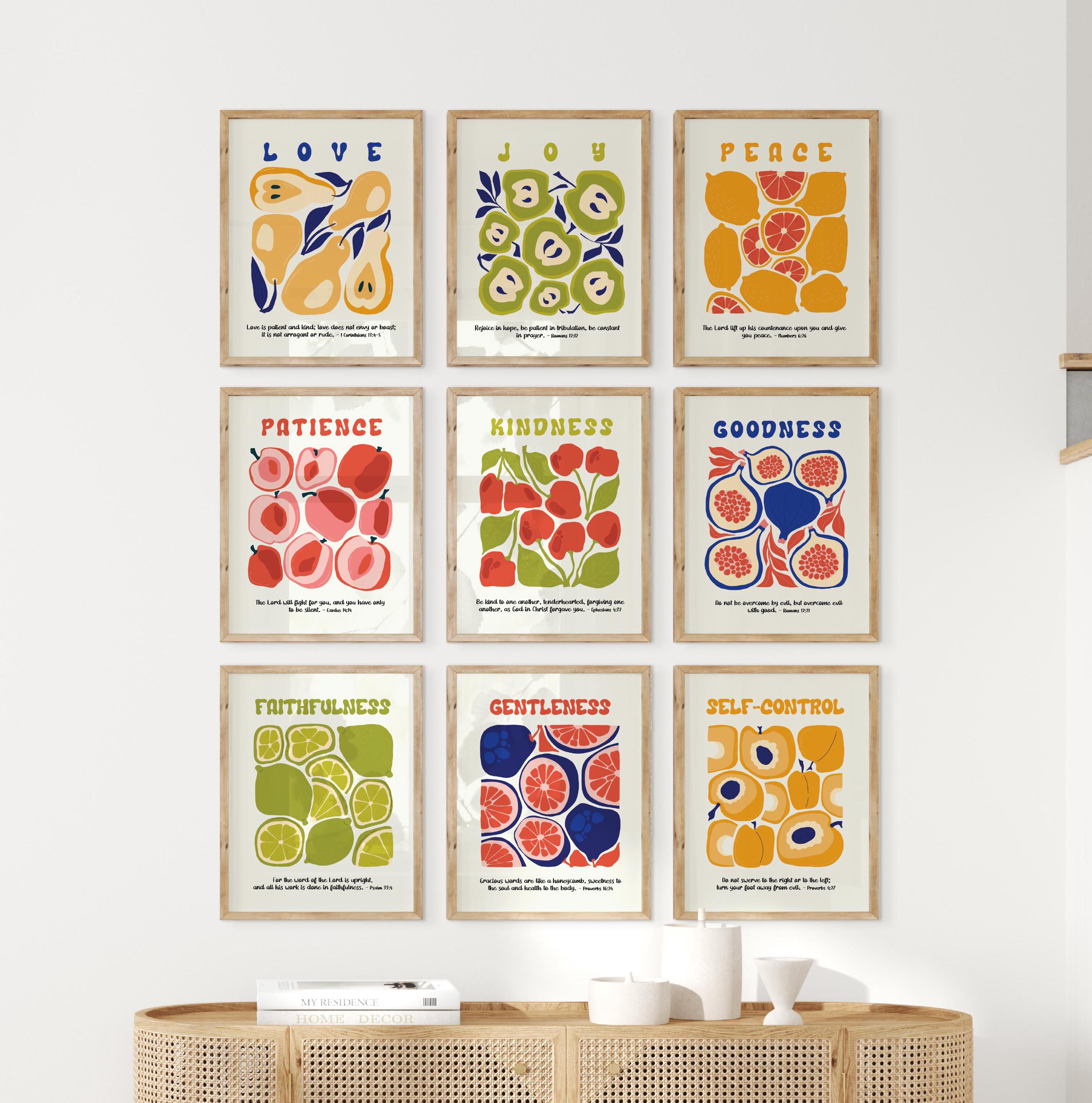 Modern Fruit of the Spirit Wall Art Set, Colorful Bible Verse Prints, Printables, Contemporary Christian Home Decor, Gallery Wall Prints
