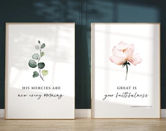 Lamentations 3:23 Bible Verse Wall Art - Set of 2 Printable Designs, His Mercies Are New, Bible Verse Digital Print, Floral Wall Art