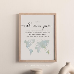 Bible verse wall art for Gospel featuring watercolor worldmap with Acts 1:5, perfect for a christian gift oragreat wall decoration.