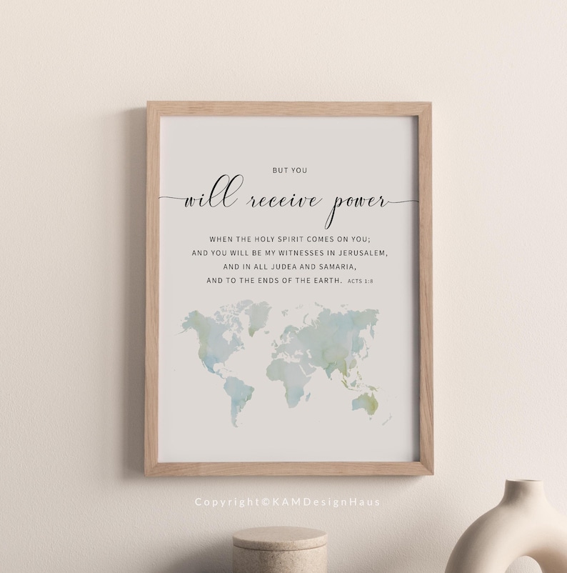Bible verse wall art for Gospel featuring watercolor worldmap with Acts 1:5, perfect for a christian gift oragreat wall decoration.