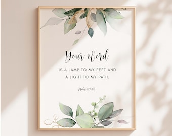 Psaume 119:105 « Ta parole est une lampe » - Affiche biblique à imprimer, téléchargement, cadeau chrétien, formats 5x7, 8x10, 11x14, 16x20 et A3
