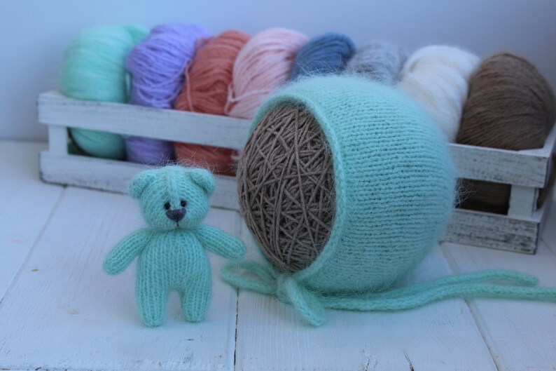 Mint photography props miniature stuffed teddy bear and knit newborn boy or baby girl hat bonnet Christmas gift