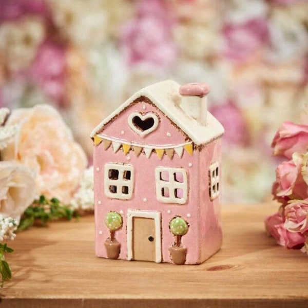 House - T Light holder - Pink / Hand Made House / T Light House / Spring Decor / Pottery House / Hand Made Pottery / Candle Holder
