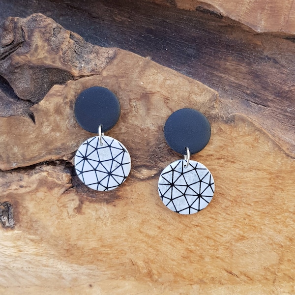 Polymer clay earrings. Min version. Stainless steel clip. Colours: black/grey (marble effect)