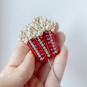 Embroidery beads popcorn bucket pin,food pin,brooch popcorn bowl,gift for a loved one
