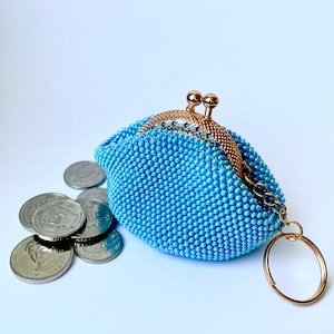 Handmade wallet, beaded crochet purse, small handbag, blue coin purse, Ukrainian seller