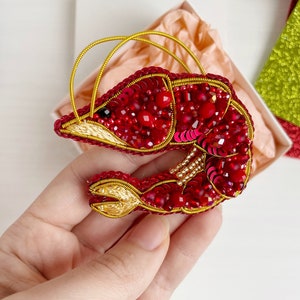 Embroidery beads brooch shrimp, sea brooch, sea life brooch, gift for her, gift for wife