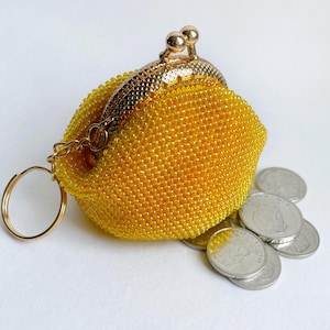 Bolsa pequena com contas de mel, carteira amarela, presente de Natal, porta-moedas de contas de crochê, mini chaveiro, vendedor ucraniano