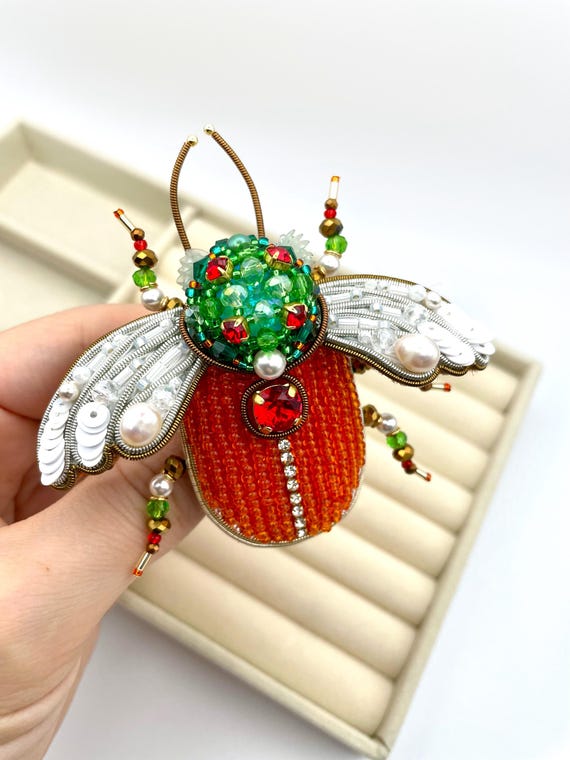 Beaded bug, orange beetle brooch pin, Embroidered Insect Jewelry, , cicada brooch pin, fly brooch pin, gift for her
