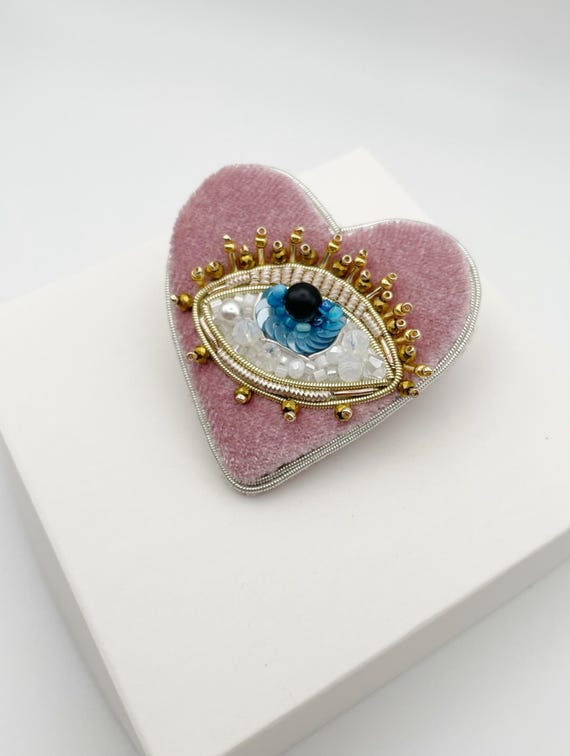 Pink Beaded Evil Eye Heart Brooch, Handmade Velvet Pin, beaded heart brooch pin, embroidered brooch