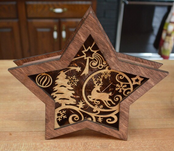 Small Lighted Wooden Star With Laser-Cut Moose Design