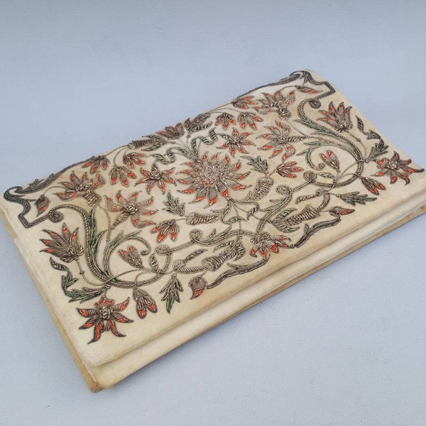 Vintage Indian Zargozi Work Silver Thread Embroidered Cream Velvet Clutch Bag in Original Box.