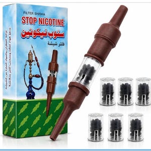 May include: A brown filter for shisha pipes with a clear chamber filled with black granules. The product is displayed with a box that reads "STOP NICOTINE" and several small containers of the granules.