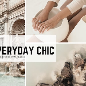 May include: A collage of images featuring a white archway, a person's hands holding a white ceramic bowl, a white background with the text "EVERYDAY CHIC MOBILE LIGHTROOM PRESET", and a close-up of brown and white rocks.