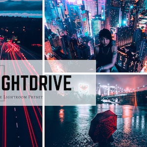 May include: A digital mobile Lightroom preset called "Nightdrive" with a collage of three images. The first image shows a highway at night with red car tail lights. The second image shows a woman sitting on a rooftop overlooking a city at night. The third image shows a bridge over a river at night with a red umbrella in the water.