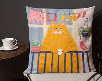 Decorative Pillow: Fat Orange Cat at Balcony