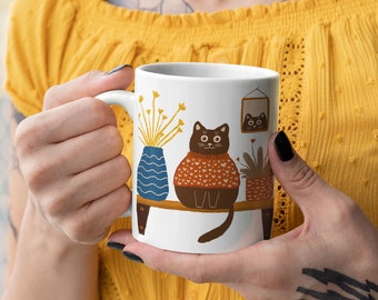 Funny Cat With Ugly Sweater Coffee Mug | Cute Kitty with Plants and Flowers Tea Cup | Gift for Him and Present for Her