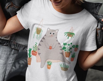 Grey Cat With Pot Plants Unisex T-shirt
