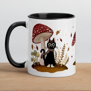 Mushroom Black Cat Mug with Color Inside | Cute Gift for a Her or for Him | Funny Feline with Plants Coffee Cup