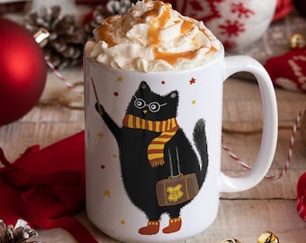Black Cat Wizard Coffee Mug | Funny Witchy Halloween Cup