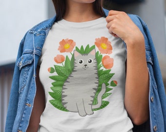 Gray Tabby Cat And Poppies T-Shirt