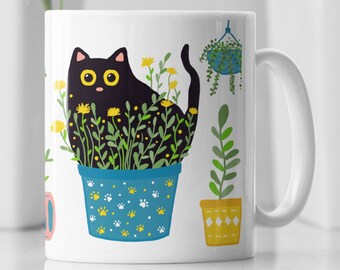 Black Cat Plant Ceramic Mug: Gift for Cat Mom