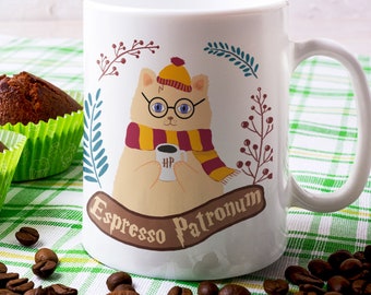 Magic Cat Mug | Wizard Witch Sorcerer Cute Mug | Magical Cat With Scarf and Wand Coffee Cup | Ceramic Pottery Mug