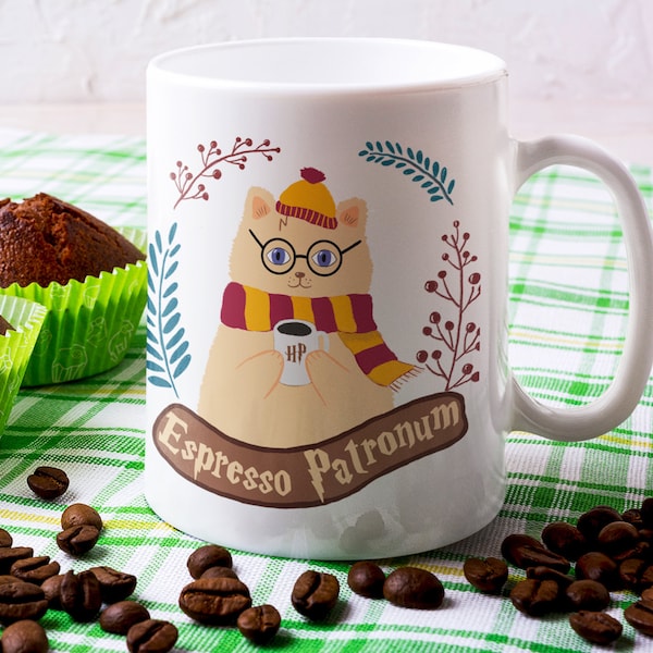 Magic Cat Mug | Wizard Witch Sorcerer Cute Mug | Magical Cat With Scarf and Wand Coffee Cup | Ceramic Pottery Mug