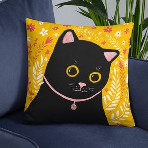 Black Cat with Yellow Eyes Throw Pillow