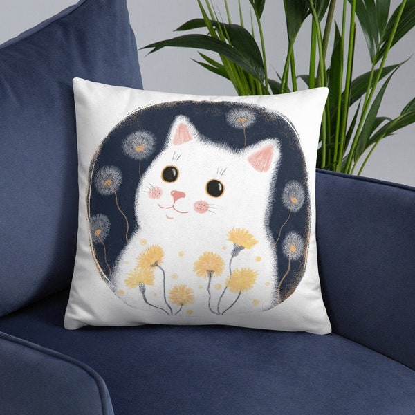 Decorative Pillow: Cute White Cat With Dandelions