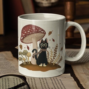 Coffee Mug Black Cat Mushrooms | Witchy Cup | Magic Mug Home Decor | Gift Idea for Cat Mom | Mushroom Mug | Cute Mug Gift Idea