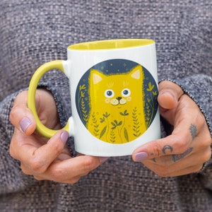 Cute Yellow Cat Mug with Color Inside | Funny Cat Mom Birthday Gift | Lovely Kitten Cup