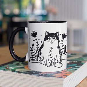 Black and White Kitty Accent Coffee Mug with Black Handle | Cat Themed Gift for Women | Plant Lover Present for Him and for Her