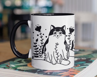 Black and White Kitty Accent Coffee Mug with Black Handle | Cat Themed Gift for Women | Plant Lover Present for Him and for Her