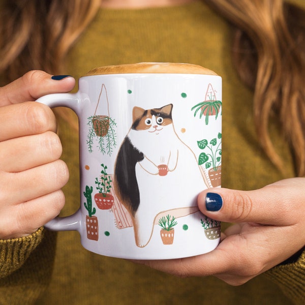 Lustige Calico Katze Trink Kaffee Keramik Tasse | Katze mit Pflanzen Lustige Tasse | Katzenliebhaber Geschenkidee | Niedliche Kaffeetasse