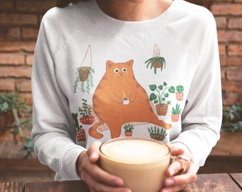 Funny Orange Cat Sweatshirt | Cat Mom Cute Gift | Fall Cozy Sweater with Plants | Birthday Sweater for Women