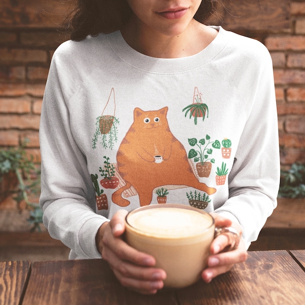 Funny Orange Cat Sweatshirt | Cat Mom Cute Gift | Fall Cozy Sweater with Plants | Birthday Sweater for Women